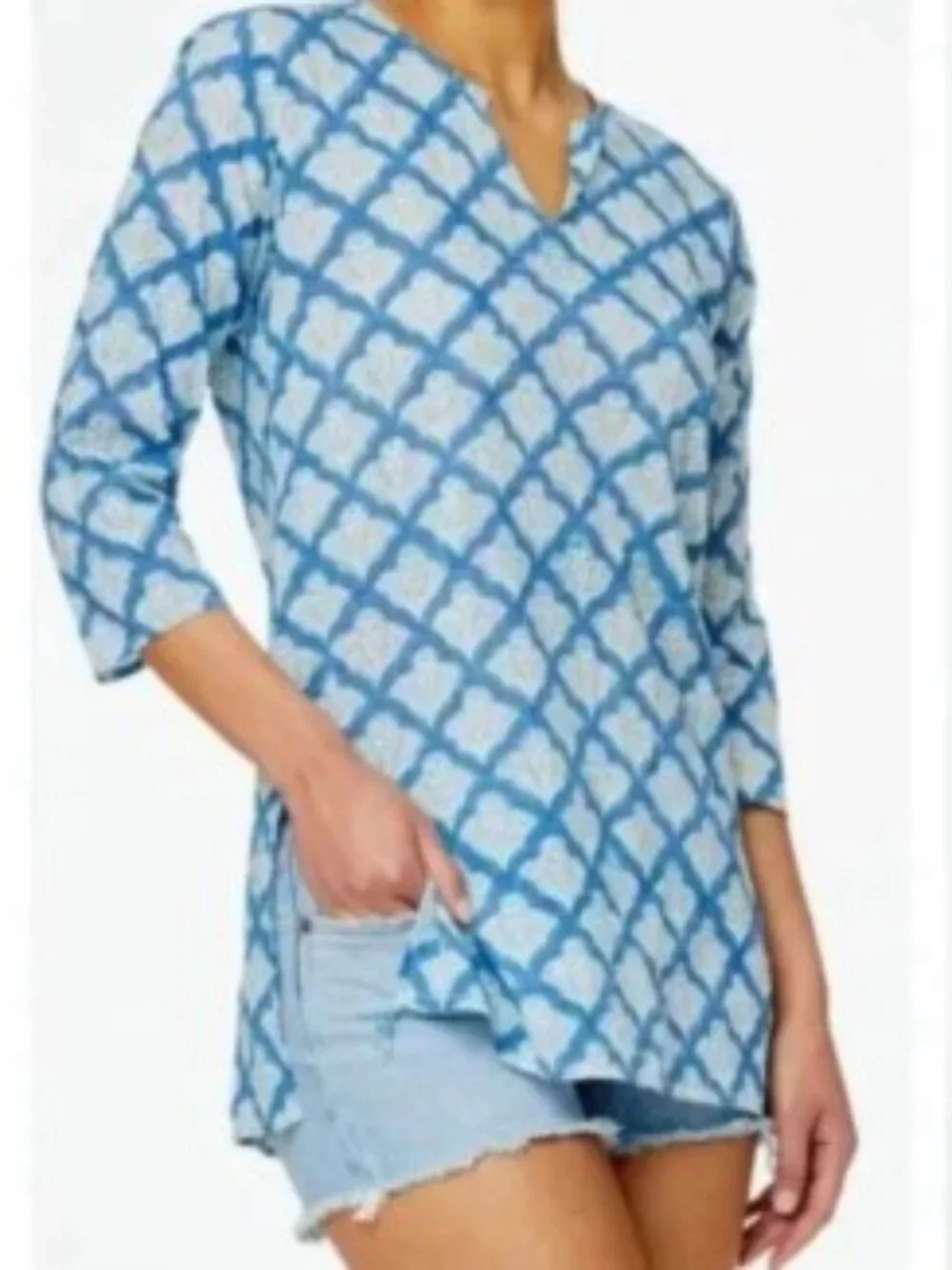 ROLLER RABBIT TUNIC TOP COTTON BLUE BLOCK PRINT INDIA 3/4 SLEEVE size S